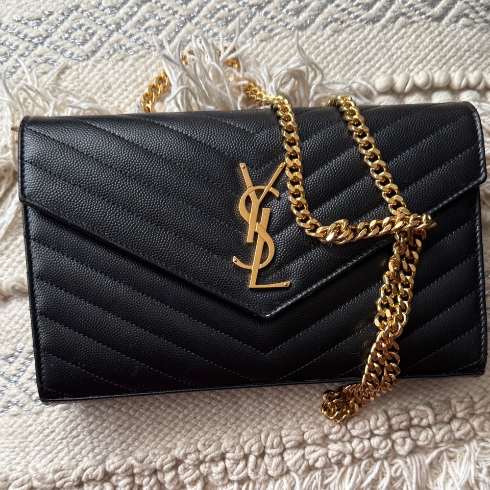 AUTHENTIC Yves Saint Laurent Black Chevron Leather Clutch Gold Chain Crossbody